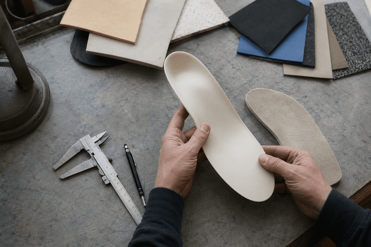 Mains d'un technicien tenant une coquille d'orthèse en polypropylène, atelier Podokop à Mirabel